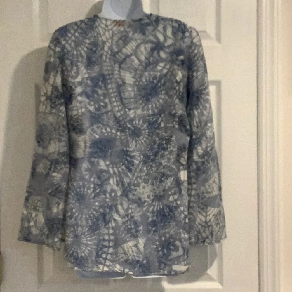 TORY BURCH Blue/Cream Linen Blend Casual Coastal Grandma  Resortwear Fall Top 2